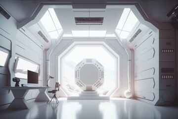 Poster - A Room With A Large Window And A Desk In It With A Computer On It Conference Room Minimalism Set Design Generative AI 