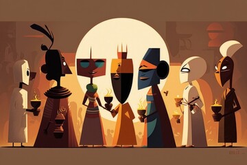 Fototapete - A Group Of People Standing Around Each Other In Front Of A Full Moon Coffee Shop Animation Community