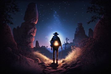 Aufkleber - A Man With A Backpack And A Lantern In The Dark With A Sky Full Of Stars Moonlit Desert Digital Art Adventure Travel Generative AI 