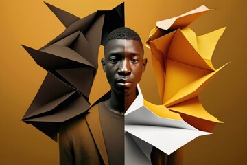 Poster - A Man With A Black Face And A Yellow Background With A Paper Sculpture Zoo Origami Advertising Design Generative AI 