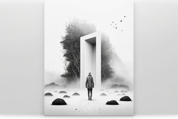 Fototapete - A Man Standing In Front Of A Doorway In A Field Of Rocks Tundra Graphic Design Poster Design