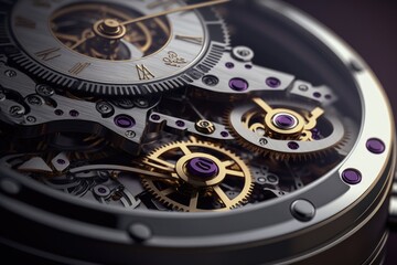 Poster - A Close Up Of A Watch Face With A Purple And Gold Clock Gothic Cathedral Time-lapse Photography Watches Generative AI 