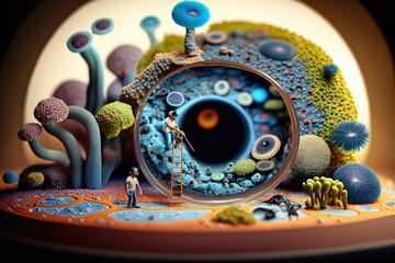 Poster - A Painting Of A Clock Surrounded By Plants And Mushrooms And A Man Lunar Landscape Environmental Art Microbiology Generative AI 