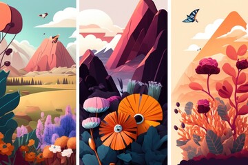 Poster - Three Different Landscape Paintings Of Mountains And Flowers In Different Colors And Sizes Mountain Range At Sunrise Environmental Art Landscapes Generative AI 