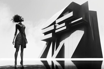 Poster - A Woman Standing In Front Of A Building With A Shadow On The Ground Art Deco Building Constructivism Architectural Design Generative AI 
