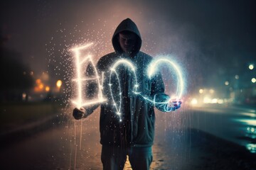 Fototapete - A Man Holding A Glowing Sign That Reads 100 On It In The Rain Graffiti Wall Long Exposure Photography Digital Photography Generative AI 
