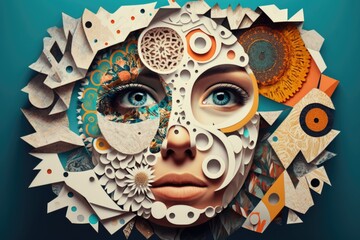 Poster - A Woman's Face Made Of Paper With A Lot Of Different Things On It Marina Graphic Design Graphic Design Generative AI 