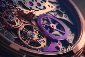 Poster - A Close Up Of A Watch Face With Purple Gears On It Gothic Tower Time-lapse Photography Smart Watches Generative AI 