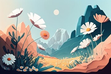 Wall Mural - A Painting Of A Mountain Landscape With Flowers And Grass In The Foreground Lunar Landscape Environmental Art Environment Generative AI 