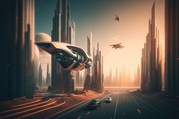 Poster - A Futuristic City With A Futuristic Car Driving Through It And A Spaceship Flying Over It Lunar Landscape Animation Motion Graphics Generative AI 