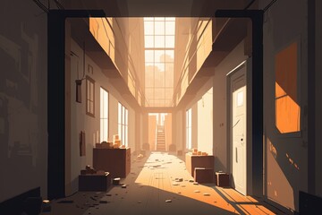 Poster - A Hallway With A Ladder And A Bunch Of Boxes On The Floor Abandoned Warehouse In The Evening Light Animation Animation Generative AI 