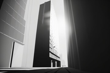 Poster - A Black And White Photo Of A Building With The Sun Shining Through Modern Urban Skyline Photorealism Animation Filmmaking Generative AI 