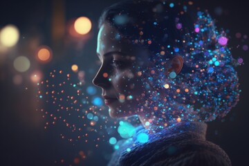 Fototapete - A Woman With A Blue Sweater And A Blue Scarf Around Her Neck Workshop Video Art Motion Graphics Generative AI 