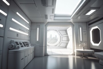 Poster - A Futuristic Looking Room With A Large Window And A Washer Conference Room Minimalism Set Design