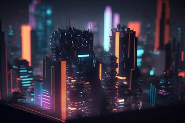 Poster - A Futuristic City With Neon Lights And Skyscrapers In The Background Modern City Skyline At Night Animation Motion Graphics Generative AI 