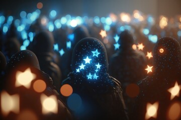 Poster - a group of people with glowing stars on their faces in a crowd nightclub video art influencer market