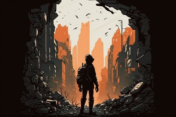 Poster - A Man With A Backpack Standing In A Tunnel With A City In The Background Oasis Animation War Generative AI 
