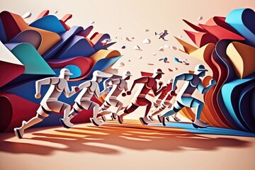 Poster - A Group Of People Running Through A Colorful Tunnel Of Paper Art Fitness Center Graphic Design Motion Graphics