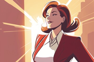 Poster - A Woman In A Suit And Tie Standing In A Room With A Light Shining Through Her Dam Animation Confidence