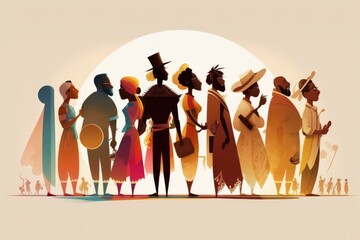Poster - A Group Of People Standing Next To Each Other In Front Of A Sun Savanna Animation Diversity And Inclusion