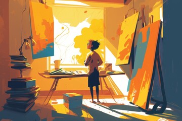 Poster - A Person Standing In A Room With A Painting On The Wall Workshop Post-impressionism Animation Filmmaking Generative AI 