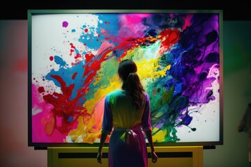 Poster - A Woman Standing In Front Of A Large Painting On A Wall Art Museum Video Art Set Design Generative AI 
