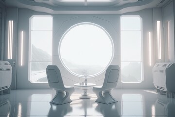 Poster - a futuristic room with a round window and two chairs in it conference room minimalism set design