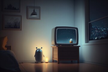 Poster - A Small Tv Sitting On Top Of A Wooden Table Next To A Lamp Lunar Landscape Video Art Animation Generative AI 