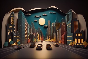 Poster - a paper cut of a city with cars driving down the road modern city skyline at night paper cutting mot