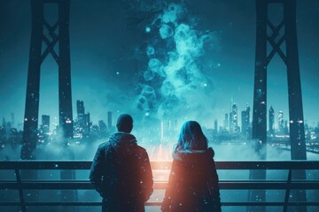 Poster - Two People Looking At A City Skyline With Fireworks In The Sky Modern City Skyline At Blue Hour With Digital Art Fiction Writing Generative AI 