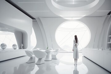 Poster - A Woman Standing In A Room With A Large Window And A Round Window Living Room Minimalism Set Design Generative AI 