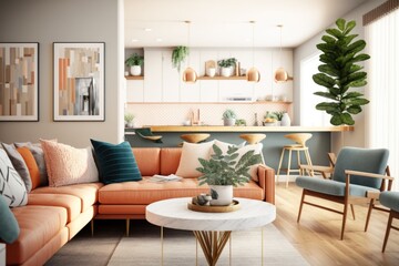 Poster - A Living Room With A Couch Chair Table And Potted Plant Living Room Photorealism Interior Design