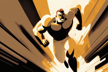 Poster - A Cartoon Of A Man Running Through A City Street With A Yellow Background Martial Arts Studio Animation Animation Filmmaking Generative AI 