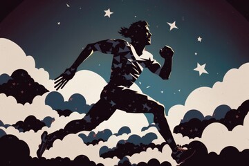 Poster - A Man Running Across A Cloud Filled Sky With Stars On It Fitness Center Advertising Photography Fundraising And Philanthropy Generative AI 