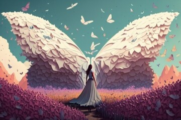 Poster - A Woman Standing In A Field With Two Giant White Wings Flying Above Her Tundra Digital Art Digital Illustration Generative AI 
