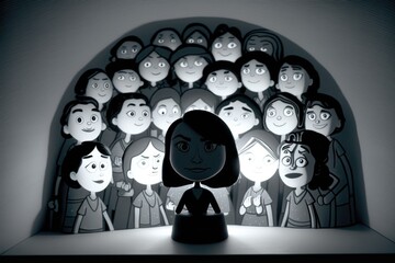 Poster - A Cartoon Character Standing In Front Of A Group Of People In A Dark Room Monument Animation Animation Filmmaking Generative AI 