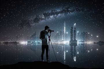 Poster - A Man Standing On A Hill Looking At The Stars In The Sky Modern City Skyline At Night Long Exposure Photography Travel Photography Generative AI 