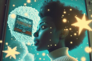 Poster - A Woman With Stars In Her Hair Looking At A Poster Of A Star Library Graphic Design Computer Graphics