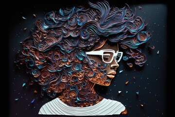 Poster - A Woman With Glasses And A Curly Haircut With A Black Background River Paper Cutting Motion Graphics
