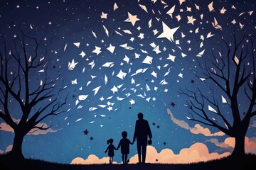 Poster - A Man And Two Children Are Walking Under A Star Filled Sky Workshop Environmental Art Estate Planning Generative AI 