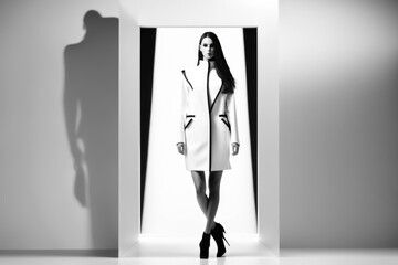 Poster - A Woman In A White Coat Is Standing In A White Room Factory Fashion Photography Fashion Photography