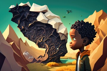 Poster - A Boy Looking At A Mountain With A Strange Rock Formation In The Background Savanna Environmental Art Environment Generative AI 