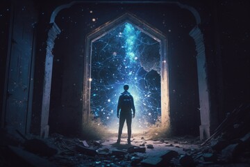 Poster - A Man Standing In A Doorway With A Star Filled Sky In The Background Workshop Digital Art Energy Healing