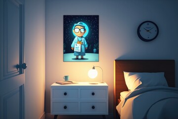 Poster - A Bedroom With A Bed Nightstand And A Painting Of A Person In A Space Suit Bedroom Advertising Photography Smart Homes Generative AI 