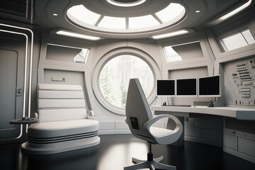 Poster - A Futuristic Office With A Round Window And A Desk With A Computer Conference Room Minimalism Smart Homes