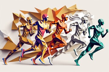 Poster - A Group Of People Running In A Race With Origami Sports Bar Sports Photography Competitive Analysis Generative AI 