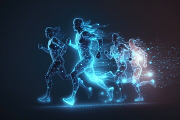 Poster - A Group Of People Running In A Line With Glowing Lights On Them Sports Bar Sports Photography Sports Coaching Generative AI 