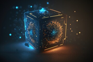 Poster - A Glowing Cube With A Blue Center Surrounded By Stars And Circles Deep Sea Trench Animation Motion Graphics Generative AI 