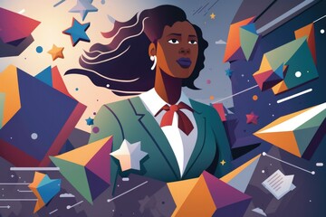 Poster - A Woman In A Suit Surrounded By Stars And Confetti Workshop Graphic Design Career Development