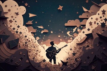 Poster - A Man Playing A Guitar In A S
urreal Landscape With Stars And Clouds Lunar Landscape Paper Cutting Music Generative AI  generative Ai, generative, AI, 